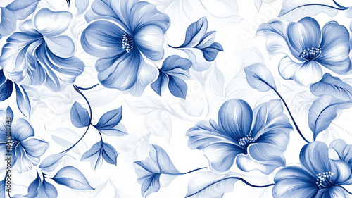 A polished ceramic tile texture featuring intricate hand-painted floral patterns in traditional blue and white, elegant and classic.
