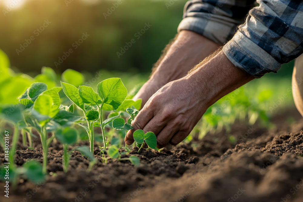 Artificial intelligence farmer robot tending plants in a green field generative AI Artificial intelligence farmer robot tending plants in a green field generative AI