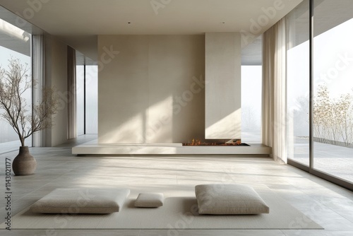 Modern minimalist living room with fireplace and meditation space