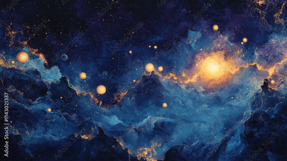 Fototapeta premium Dreamlike Cosmic Landscape with Glowing Stars and Nebula