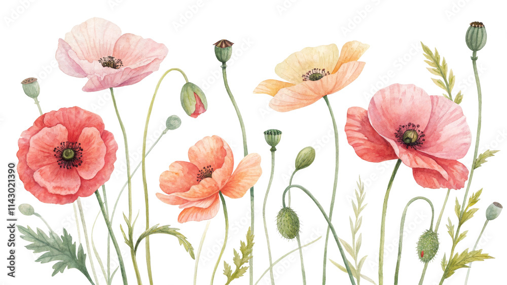 Fototapeta premium Watercolor Poppy Composition Blooming Poppies Isolated on White Background, Botanical Illustration, Floral Design, Spring Flowers Poppy, Watercolor, Floral, Botanical