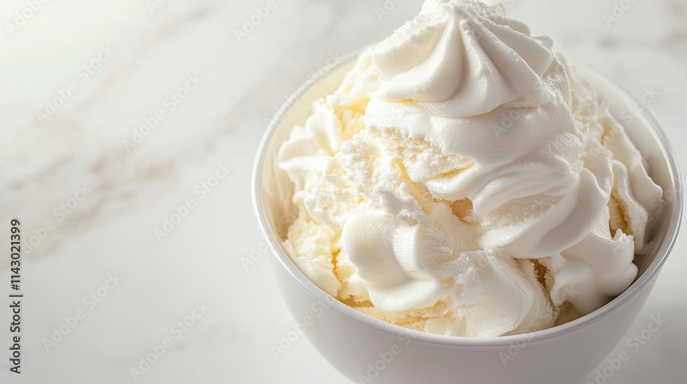 Bowl of whipped cream with ice cream isolated on white marble background from close-up view Bowl of whipped cream with ice cream isolated on white marble background from close-up view