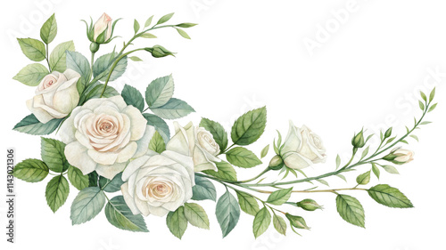 Watercolor White Roses Corner Bouquet, Isolated on White Background, Floral Composition, Botanical Illustration White roses, watercolor painting, floral arrangement, botanical art