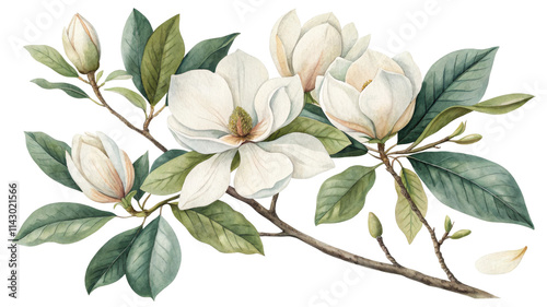 Watercolor Magnolia Branch Composition Blooming White Flowers and Green Leaves Isolated on White Background, Botanical Illustration, Floral Design Magnolia