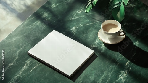 Blank magazine mockup on a green marble stone coffee table with a shadow overlay.