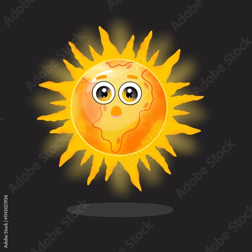 Cartoon sun,cute  shocked sun cartoon character, shiny bright sun vactor illustration 