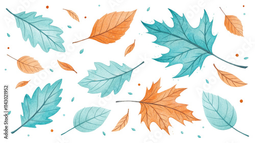 Watercolor Autumn Leaves Composition Teal and Orange Falling Leaves Isolated on White Background, Autumn Leaves, Watercolor Illustration