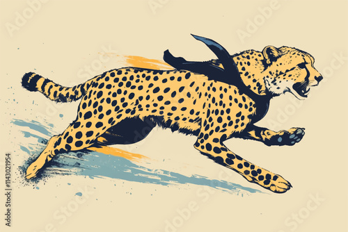 Dynamic Vector Illustration of Adorable Cartoon Leopards and a Sprinting Cheetah in Various Poses on an Orange and white Background. photo