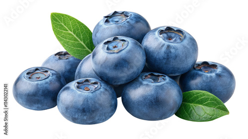 High-Angle Close-Up of a Pile of Blueberries with Leaves, Isolated on White Background, Fresh Fruit, Antioxidant Rich, Healthy Eating Blueberries, Fruit, Food Photography, Healthy Food