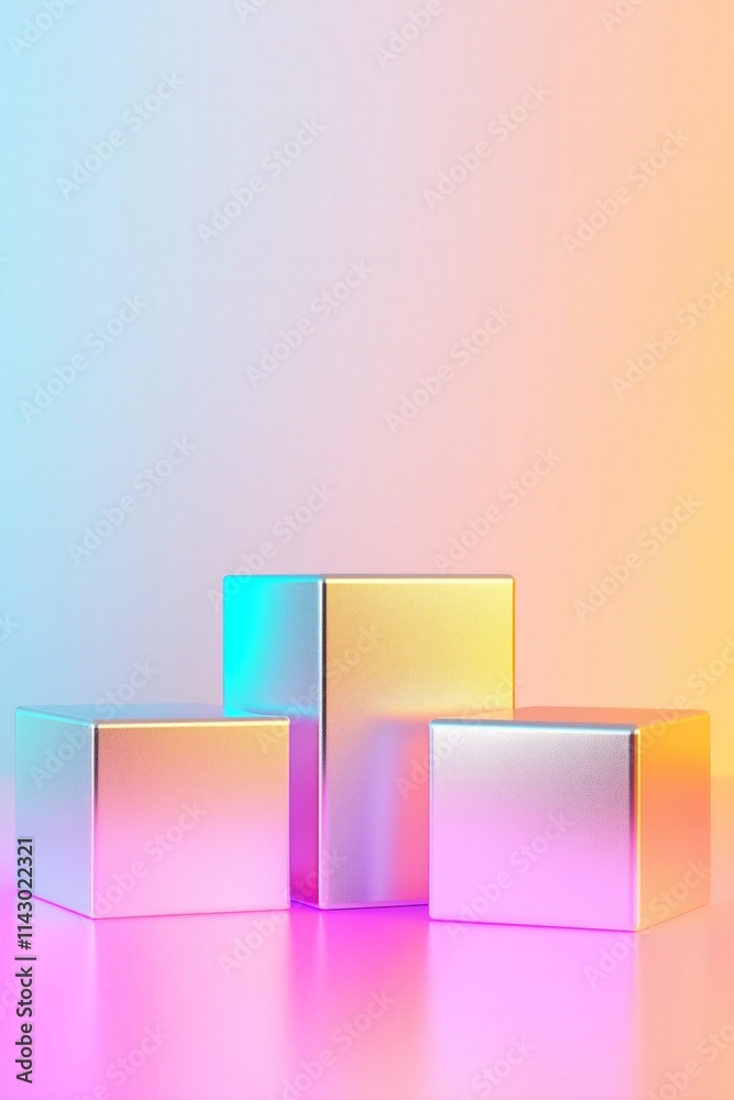 sleek metallic cube podiums on a vibrant gradient background, product mockup sleek metallic cube podiums on a vibrant gradient background, product mockup