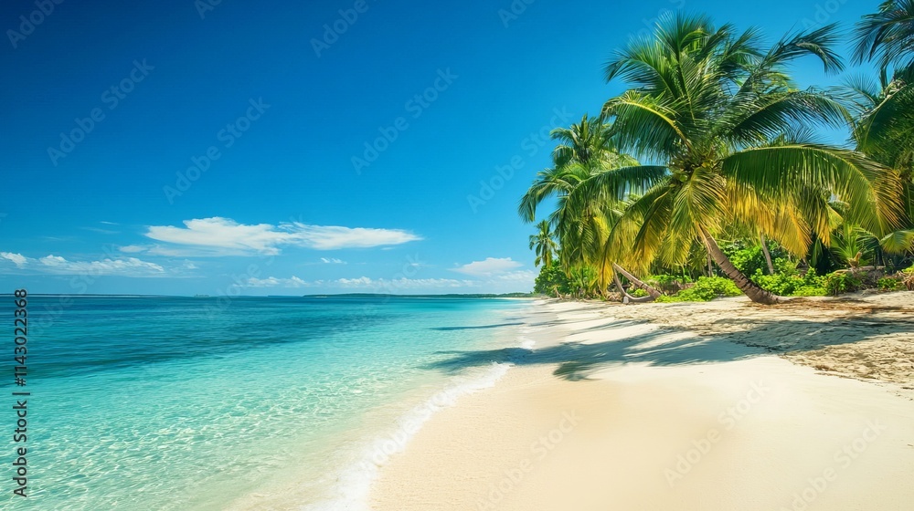 Fototapeta premium serene tropical beach with palm trees and crystal-clear waters, vibrant tropical paradise with golden sands and turquoise waves, relaxing getaway on a picturesque tropical beach