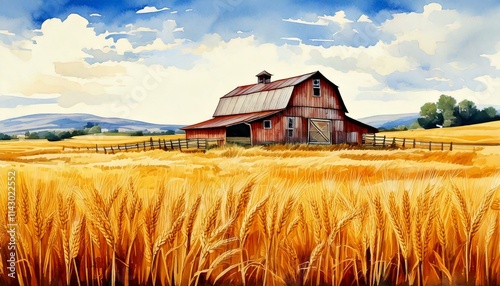 Illustration of a rustic watercolor barn surrounded by fields of golden wheat with empty copy space