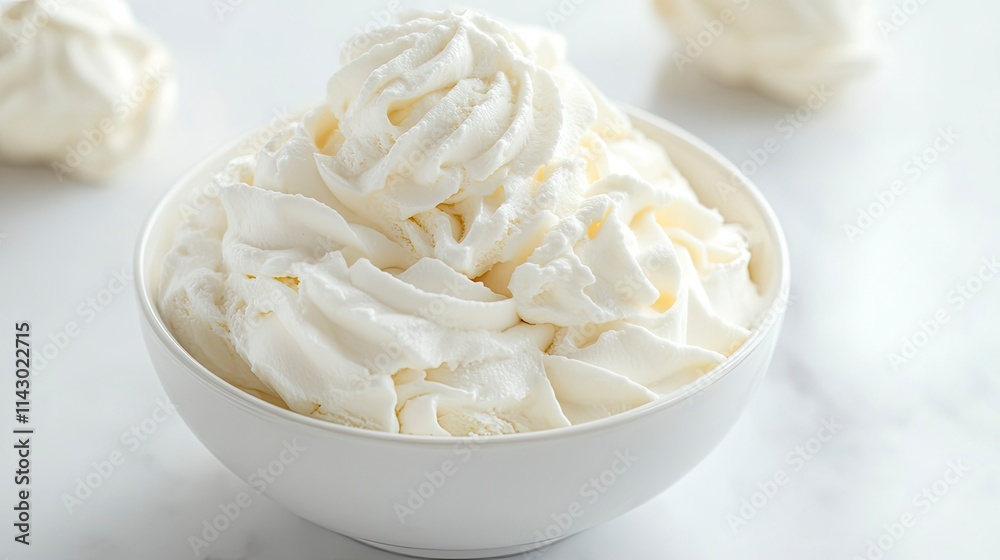 Bowl of whipped cream with ice cream isolated on white marble background from close-up view Bowl of whipped cream with ice cream isolated on white marble background from close-up view