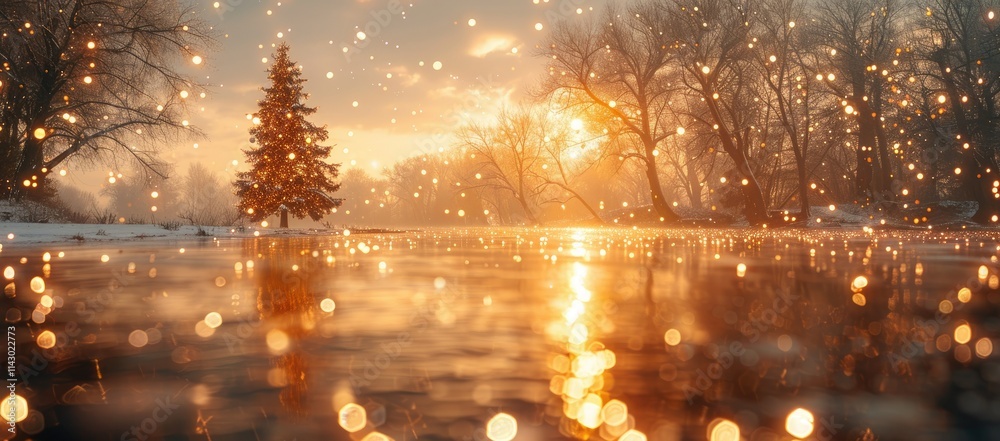 A serene winter landscape with a glowing sunset reflecting on a snowy river. A serene winter landscape with a glowing sunset reflecting on a snowy river.