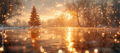 A serene winter landscape with a glowing sunset reflecting on a snowy river.