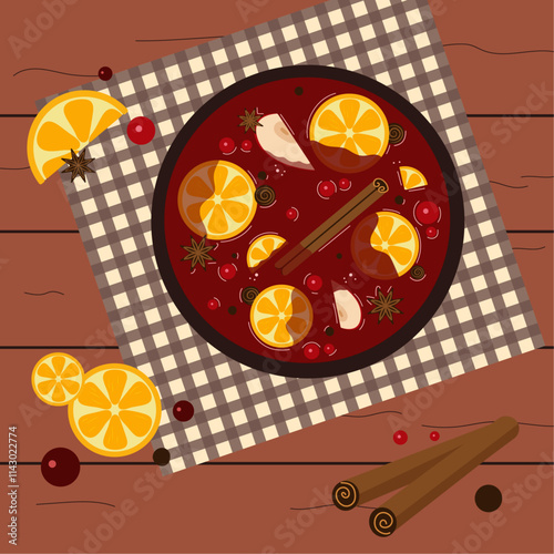 Mulled wine with cinnamon, anise, oranges, berries in pot on wooden table in flat for posters, banners, wallpapers