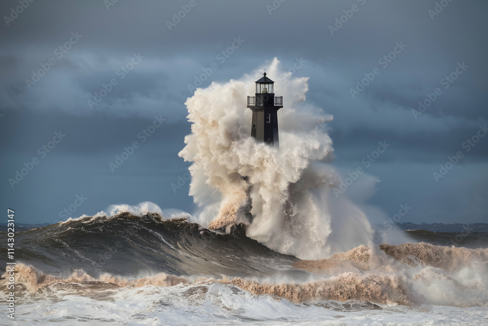 Fototapeta premium Lighthouse with massive wave crashing, symbolizing resilience in storm