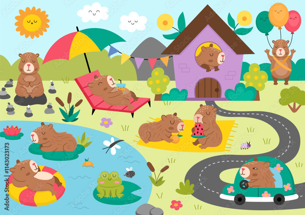 Obraz premium Vector capybara landscape illustration. Cute scenery with capibaras, pond, garden, house. Funny detailed scene with adorable animals swimming, relaxing, meditating. Happy land picture for kids