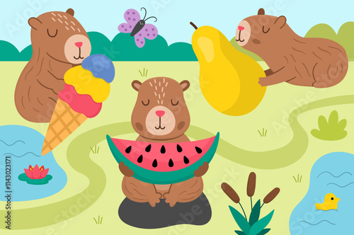 Vector capybara landscape illustration. Cute scenery with capibaras holding fruits and ice-cream. Funny scene with adorable animals. Happy land picture for kids with pear, watermelon, butterfly