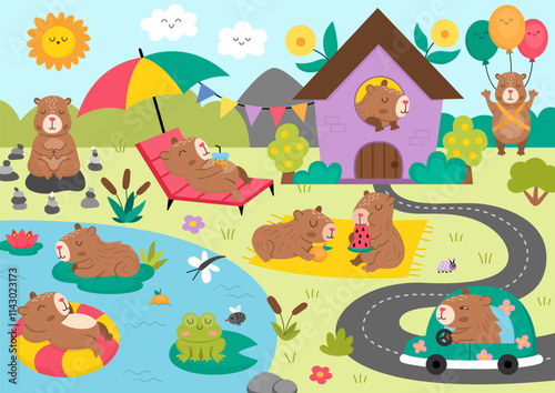 Vector capybara landscape illustration. Cute scenery with capibaras, pond, garden, house. Funny detailed scene with adorable animals swimming, relaxing, meditating. Happy land picture for kids