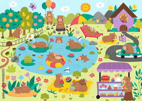 Vector capybara landscape illustration. Cute scenery with capibaras, pond, car, house. Funny detailed scene with adorable animals swimming, relaxing, meditating. Happy land picture for kids