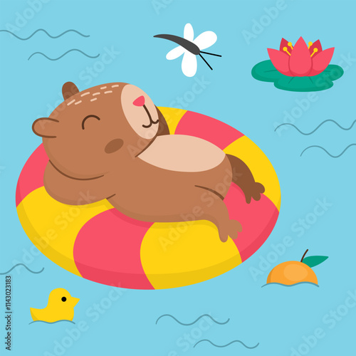 Vector capybara landscape illustration. Cute square scenery with capibara swimming and lying and swimming on floatie. Funny scene with adorable animal in the pond or pool with water lily