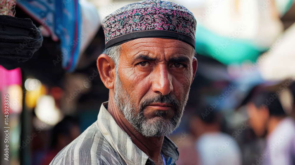 A portrait of a man wearing a traditional hat, captured in a bustling market, surrounded by vibrant stalls and lively activity. A portrait of a man wearing a traditional hat, captured in a bustling market, surrounded by vibrant stalls and lively activity.