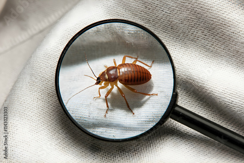 Magnifying glass highlights insect on white fabric, close up inspection