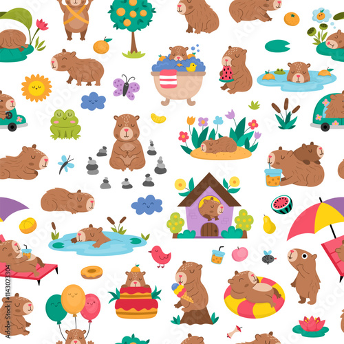 Vector capybara seamless pattern. Cute capibara repeat background with bath, fruit, reeds, birds, tangerines. Funny digital paper with meditating, sleeping, relaxing, swimming animals