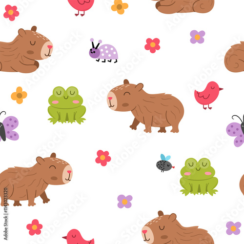 Vector capybara seamless pattern. Cute capibara repeat background with frog, bird, flower, butterfly, fly, bug. Funny digital paper with happy relaxed animals