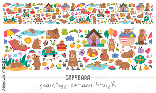 Vector capybara seamless border brush. Cute capibara animals horizontal repeat background with bath, fruit, reeds, birds, tangerines, meditating, sleeping, relaxing, swimming animals