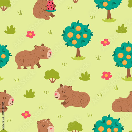 Vector capybara seamless pattern. Cute repeat background with capibara on green grass with tangerine tree, bushes, flowers. Funny digital paper with meditating, sleeping, relaxing animals