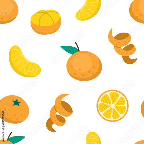 Vector tangerine seamless pattern. Hand drawn citrus fruit repeat background. Cartoon digital paper with orange peel, piece, in slices and cut in two. Fresh food texture