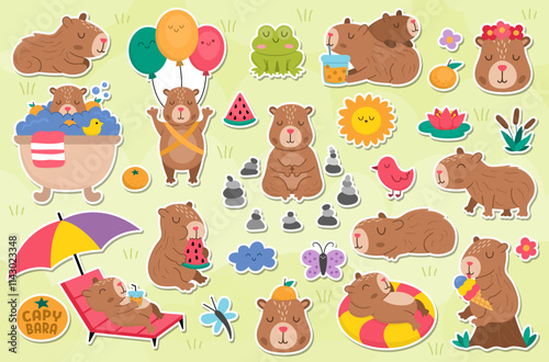 Vector capybara stickers set. Cute capibara animals patches collection with bath, fruit, reeds, birds. Funny guinea pigs meditating, sleeping, relaxing, swimming with tangerines, eating ice-cream