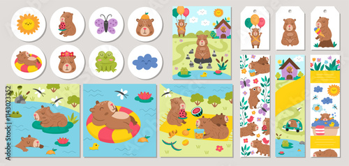 Cute capybara cards set with bath, fruit, reeds, birds. Vector cartoon capibara square, round, vertical print templates. Cute design for tags, postcards, ads with relaxing, meditating animals