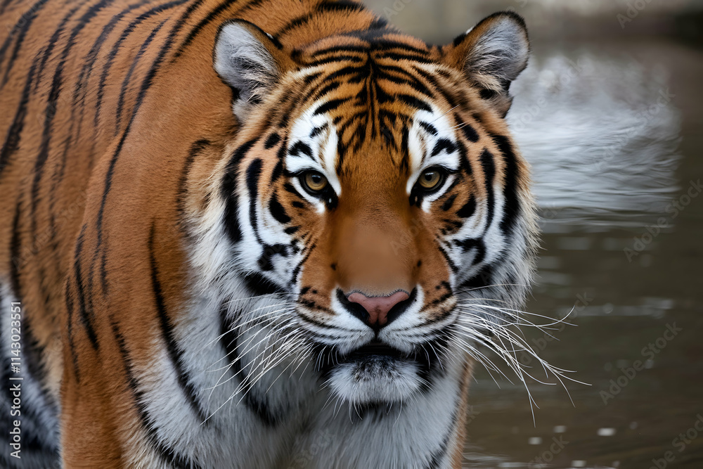 Tiger gazing intensely, wet surface reflection, blurred background Tiger gazing intensely, wet surface reflection, blurred background