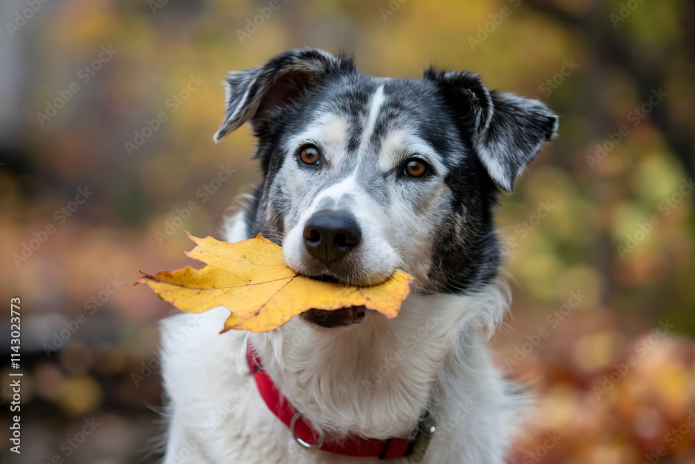 Mixed breed dog with leaf in mouth, autumn outdoor setting Mixed breed dog with leaf in mouth, autumn outdoor setting