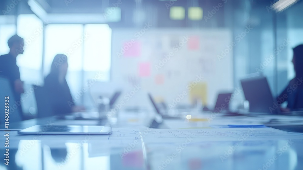 Blurred image of businesspeople collaborating in modern office, using laptops and tablets. Blurred image of businesspeople collaborating in modern office, using laptops and tablets.