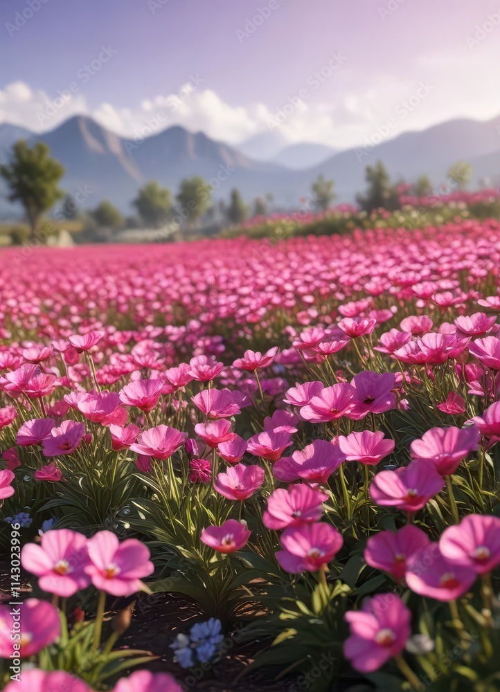 Vibrant pink flower field, sunlit, close-up view, pink petals, closeup, pretty Vibrant pink flower field, sunlit, close-up view, pink petals, closeup, pretty