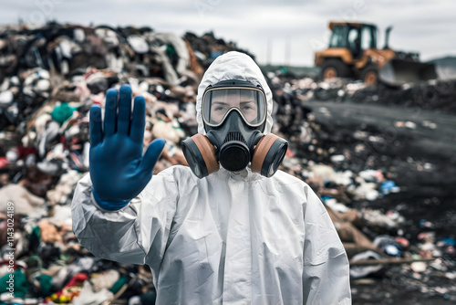 Person in white suit, gas mask, signaling stop before vast landfill