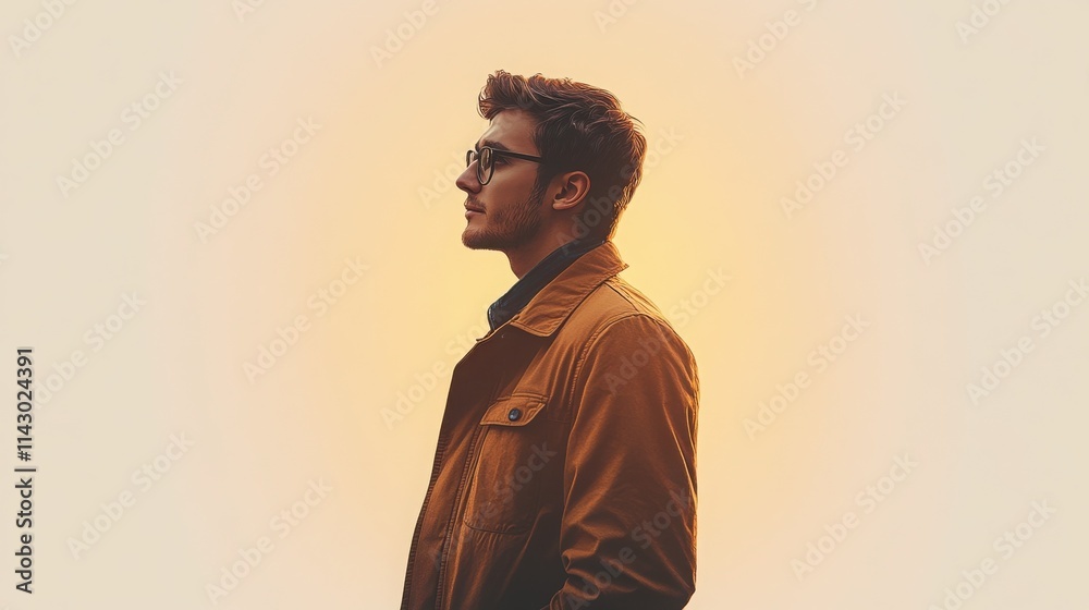 Young man in profile view, wearing glasses and a brown jacket, standing against a warm-toned background. Thoughtful and contemplative mood. Young man in profile view, wearing glasses and a brown jacket, standing against a warm-toned background. Thoughtful and contemplative mood.