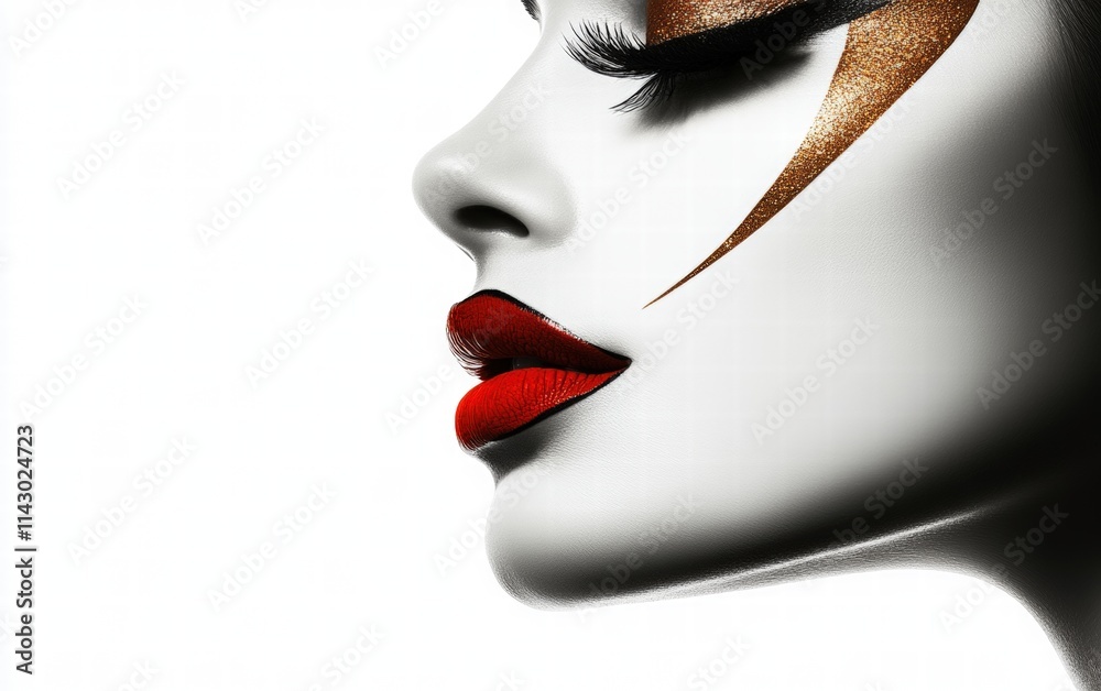 Obraz premium A glamorous woman with dramatic winged eyeliner, sparkling bronze eyeshadow, and matte crimson lips on a bright white background