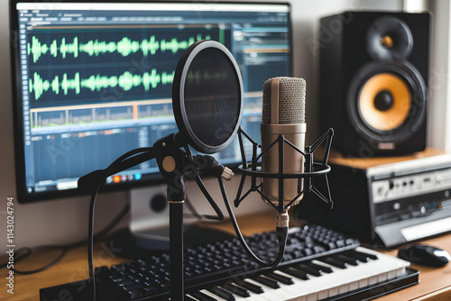 Recording setup with audio waveforms, microphone, and home studio ambiance