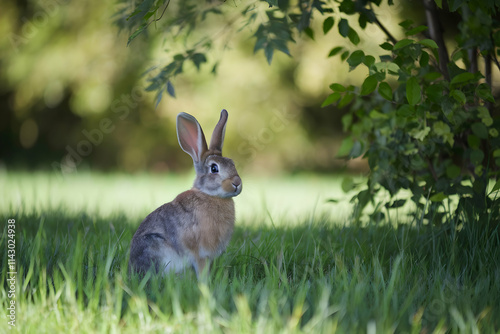 Rabbit sits alert in green field, blurred trees and foliage in background