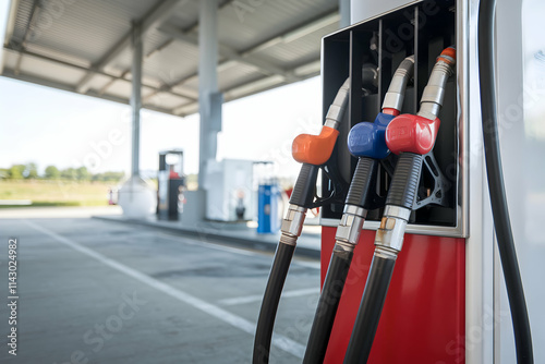 Red fuel pump with colorful nozzles stands out against blurred background photo