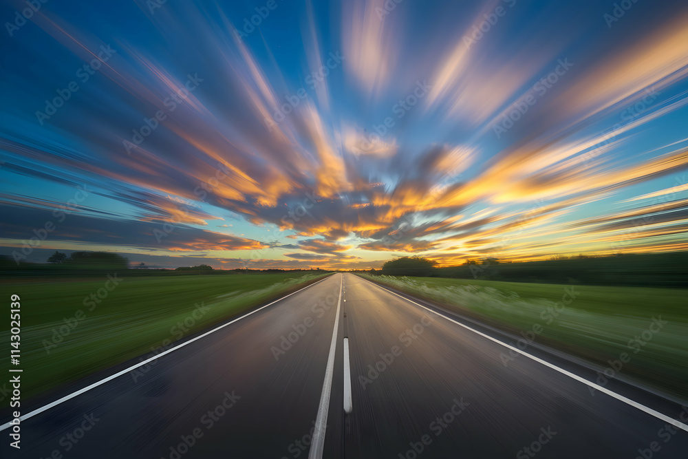 Naklejka premium Smooth road extends under vibrant, moving clouds and glowing sky