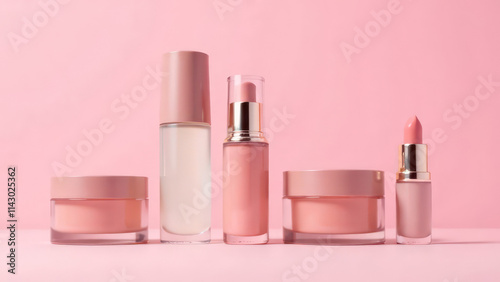 Natural cosmetic products on a light pink background 