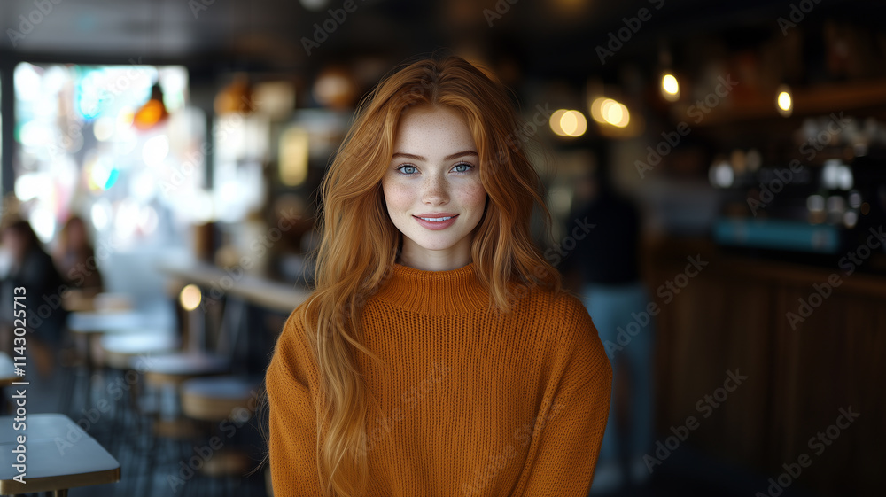A young woman with wavy, medium-length hair stands confidently in a cozy café, wearing an oversized orange sweater. A young woman with wavy, medium-length hair stands confidently in a cozy café, wearing an oversized orange sweater.