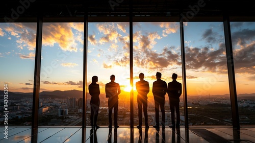 Silhouettes of a professional team in a clean, minimalistic workspace, soft light emphasizing their focus