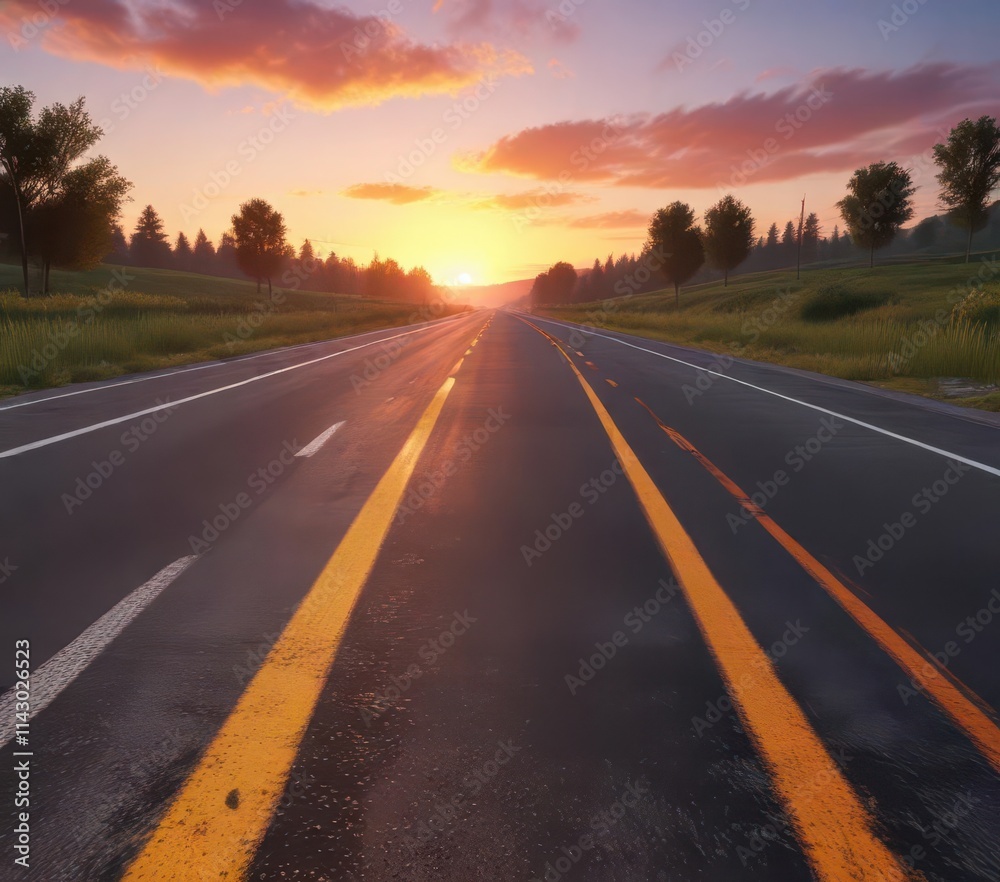 Sunrise paints vibrant hues across rural asphalt highway , landscape, light, vastness Sunrise paints vibrant hues across rural asphalt highway , landscape, light, vastness
